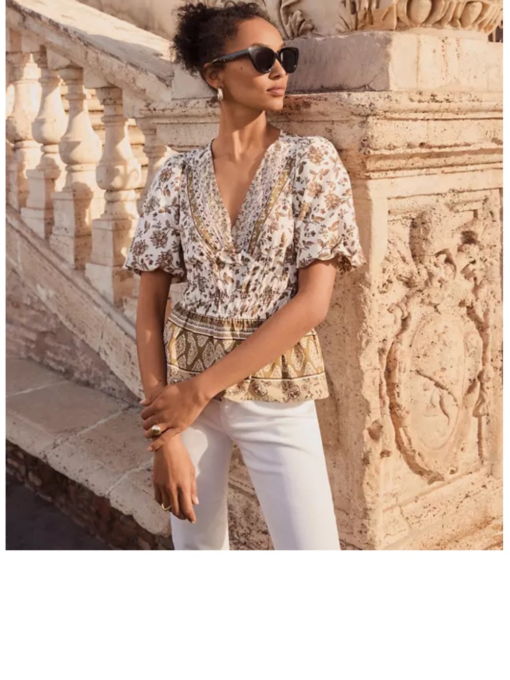 LOFT Cream and Brown Floral V-Neck Smocked Peplum Top